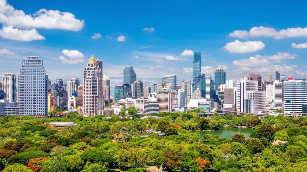 skyline view of downtown Bangkok and Lumphini Park